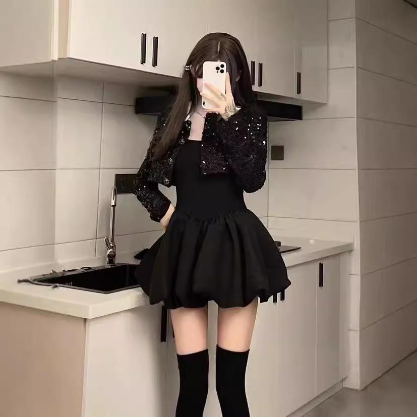 Rich family daughter high-end flower bud dress women's autumn small black dress birthday small gift dress princess fluffy short skirt