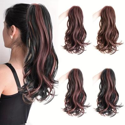 Elegant Highlights Color Synthetic Fiber Ponytail Claw Clip In Hair Extensions For Women 14 Inch Wavy Fountain Ponytail