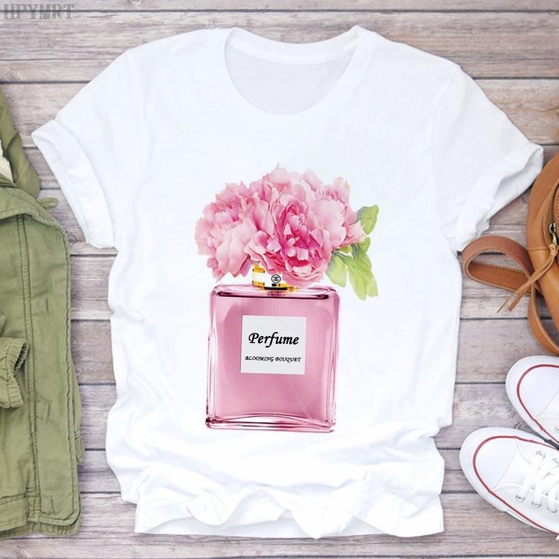 Watercolor Floral Hot Air Balloon Perfume Bottle Print Womens TShirt Casual Short Sleeve Top For Fashion Art Enthusiasts