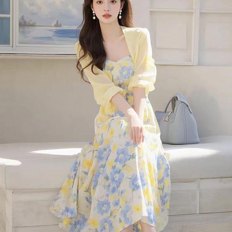 Summer 2026 Floral Slimming Cardigan & Camisole Two-Piece Dress Set for Women