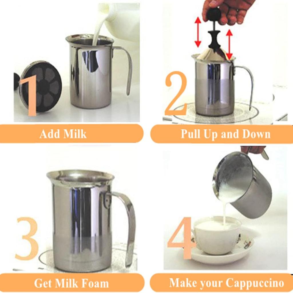 Foam Maker, Stainless Steel Manual Milk Frother, Manual Operated Milk Foam Maker, with Double Froth Screen, for Cappuccino Coffee Latte Hot Chocolate