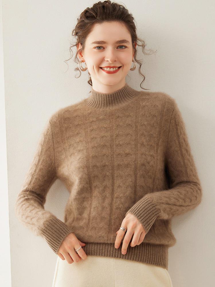Women's Cable Knit Cashmere Half-High Neck Pullover Sweater