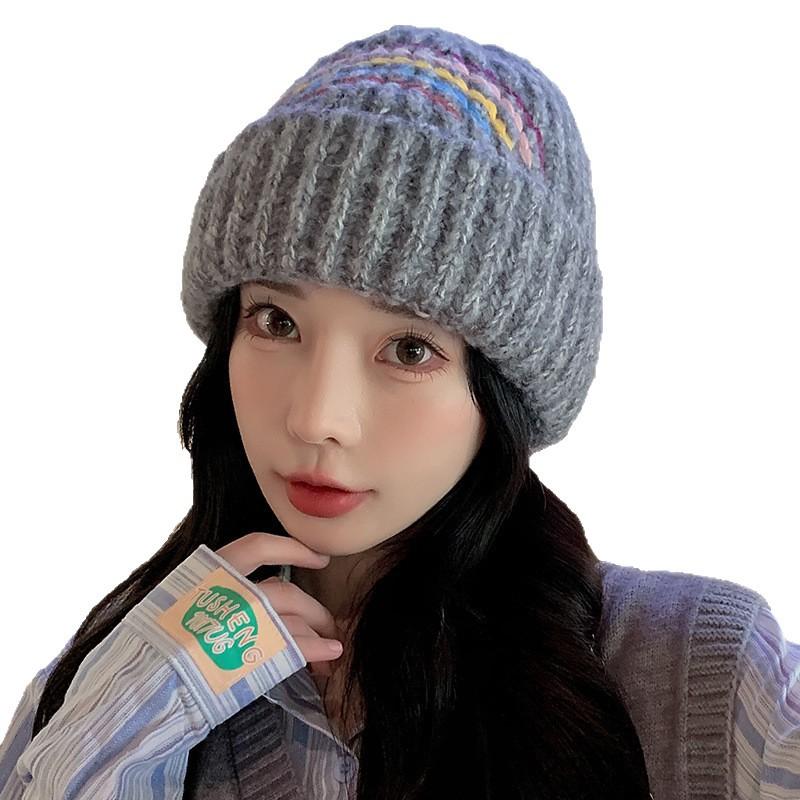 Woolen Hat for Women Warm and Versatile Rainbow Knitted Hat for Students  Outdoor Cold Proof Pullover Hat  Ear Protection Cold Hat for Men