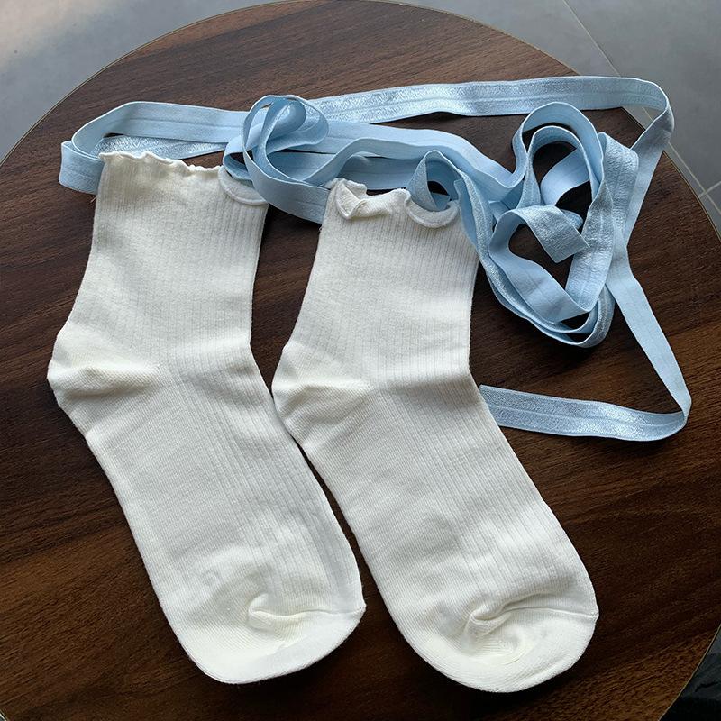 Balletcore Lace-Up Socks with Ruffled Cuff, Sweet Lolita Ribbed Crew Socks for Women, Y2K Aesthetic Leg Warmers Accessories