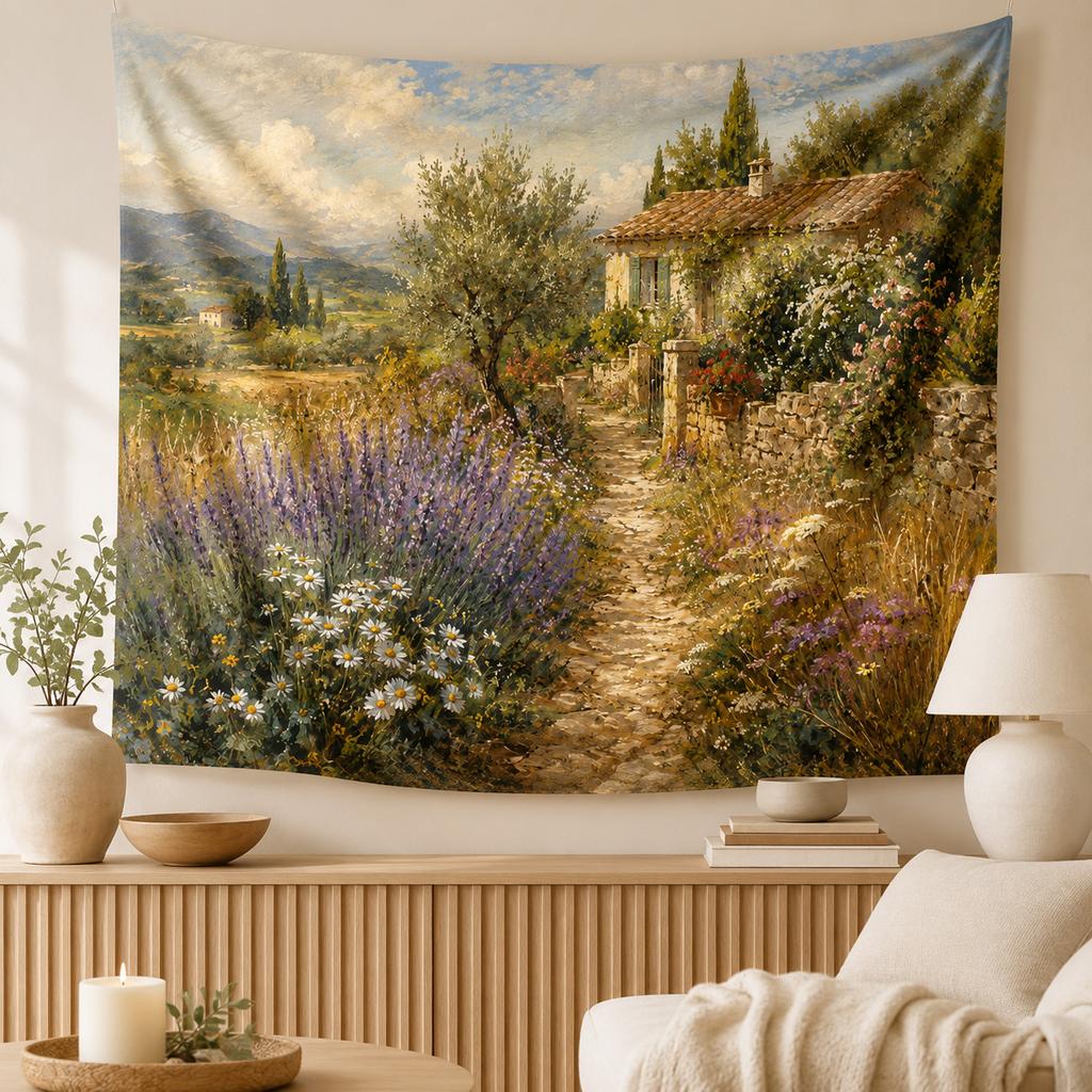 Vintage French Country Tapestry Lavender Cottage Floral Landscape Wall Hanging for Bedroom Living Room Decor