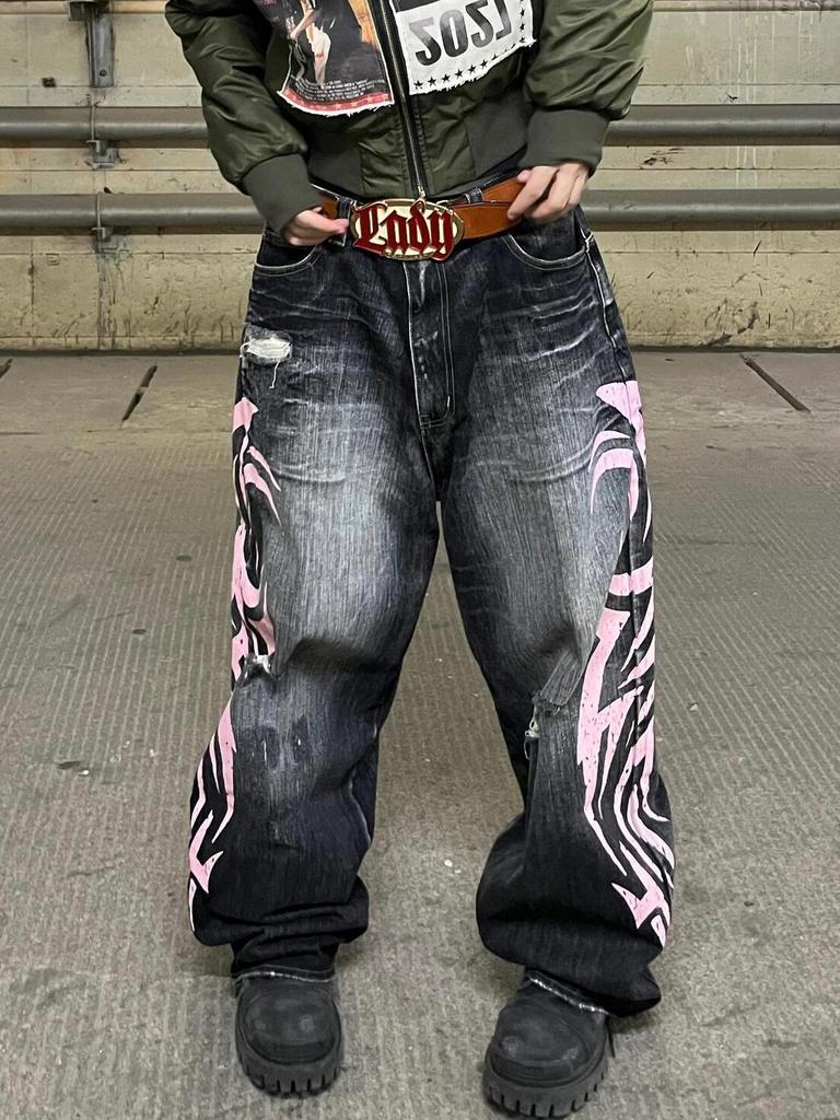 Jaded London American Retro Print Wide-Leg Denim Pants