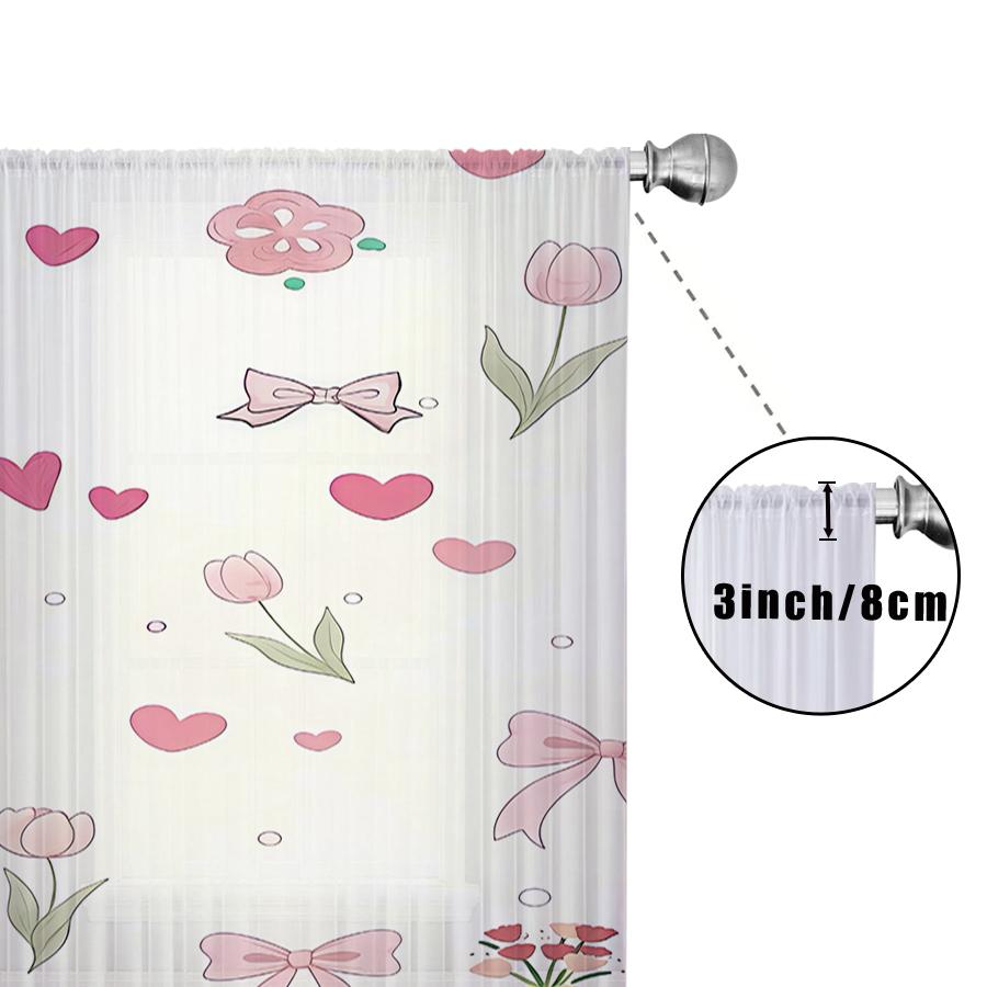 Single Panel Valentine Cute Pink Bow Floral Heart Sheer Curtain Sweet Romantic Print Window Drape Bedroom Semi For Made Of Polyester