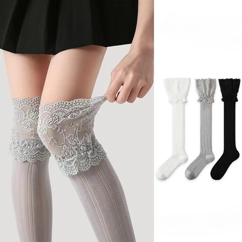 Women's Floral Lace Calf Socks Lolita Girls Thigh High Over Knee Stockings Retro Warm Boot Socks  JK Style