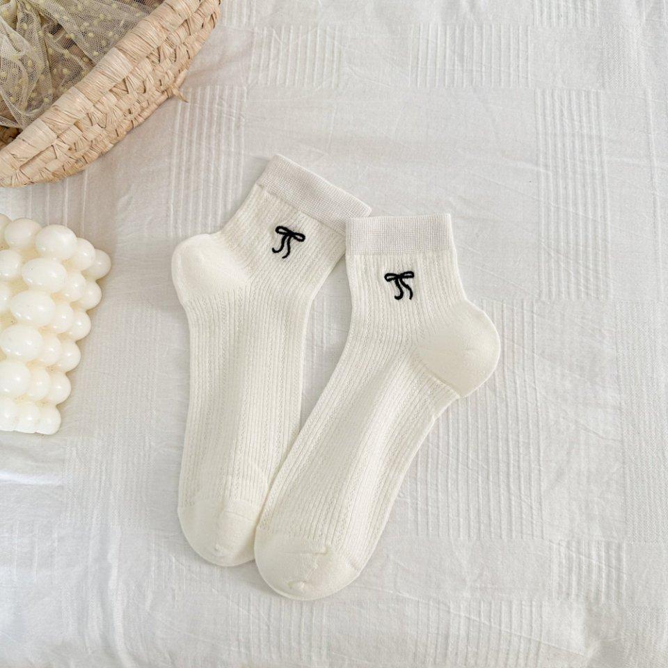 Ballet-style Bow Women's Socks, Summer Thin Mesh Breathable Mid-calf Socks, White Socks, Solid Color Boneless Socks