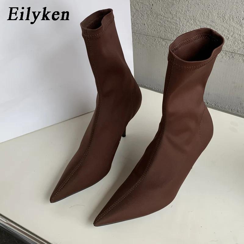 Eilyken 2025 New Spring Autumn Stretch Fabric Women Ankle Boots Sexy Pointed Toe High Heels Fashion Female Socks Pumps Shoes