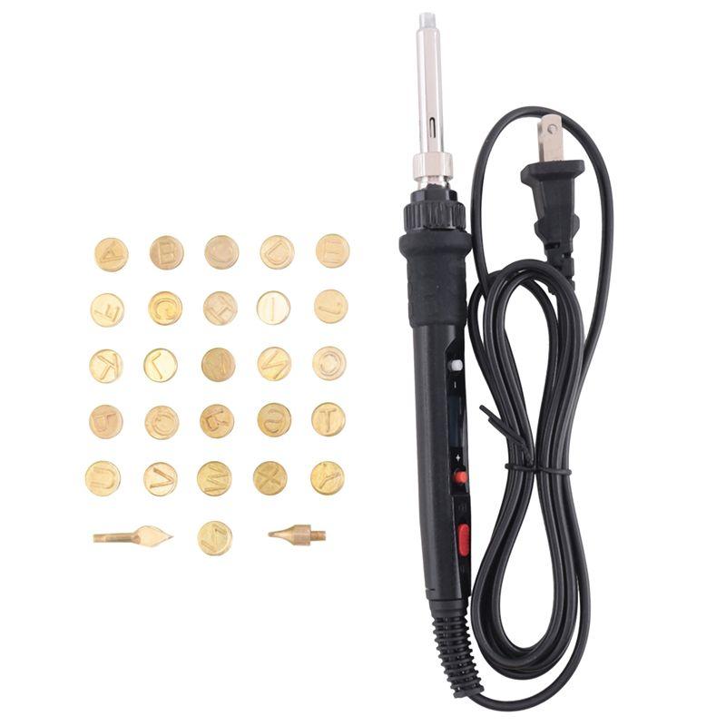 A20F-Wood Burning Tool Pen Burning Tips Kit English Letters Carving Pyrography Pen Tips Stencil Soldering Iron US Plug