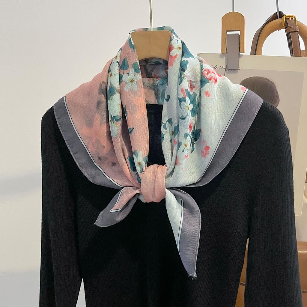Pink Floral Print Cotton Feel Hijab Women Square Scarf Foulard Bandana Female Soft Headscarf Neck Tie Spring Autumn Wraps Shawls