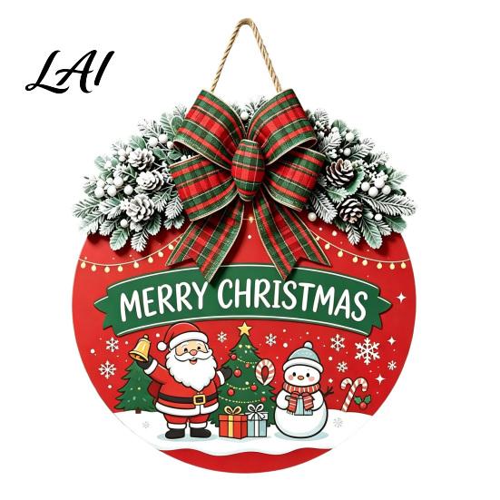 Seasonal Wall Art Christmas Wooden Welcome Sign for Front Door Round Hanging Ornament with Gift Artificial Pine Branches & Bow Decor Holiday