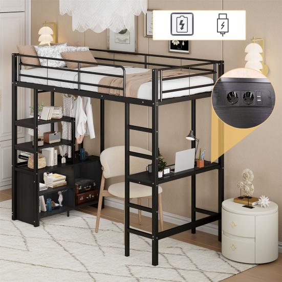 Loft Bed, 90x200cm, No Mattress, Bed with Desk, Socket And USB, Multiple Shelves, Open Storage Cabinet, Railing, Ladder, Iron Frame,