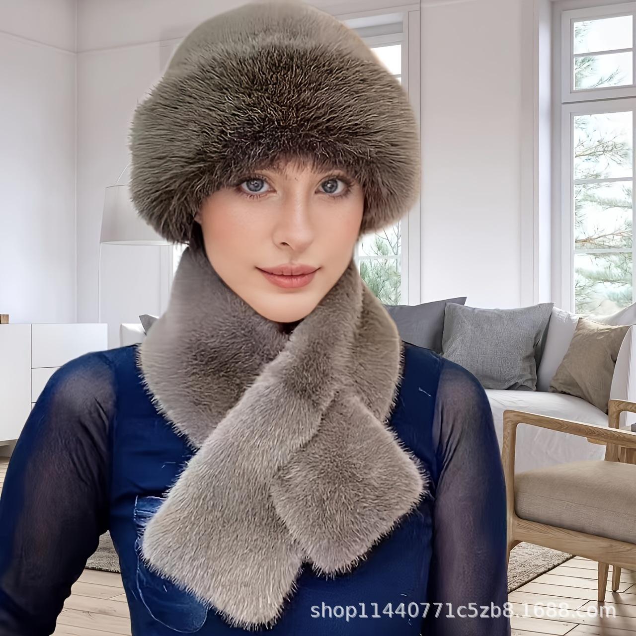 

Комплект из 2 предметов/1 женский, утепленная шапка из искусственного меха и шарф - полиэстеровый трикотаж, зимние утеплители для ушей с застежкой-кнопкой, модный монгольский стиль дубильная кора