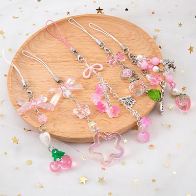 1Pc Phone Charm Pendant Cute Kawaii Pink Bowknot Keychain Bag Phone Strap Girl Cellphone Lanyard Keyring Birthday Jewelry DIY