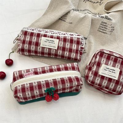 Small Large Cosmetic Bag Simplicity Lace Pencil Case for Kids Girl Retro European Plaid Makeup Cherry Print Organizer Bag