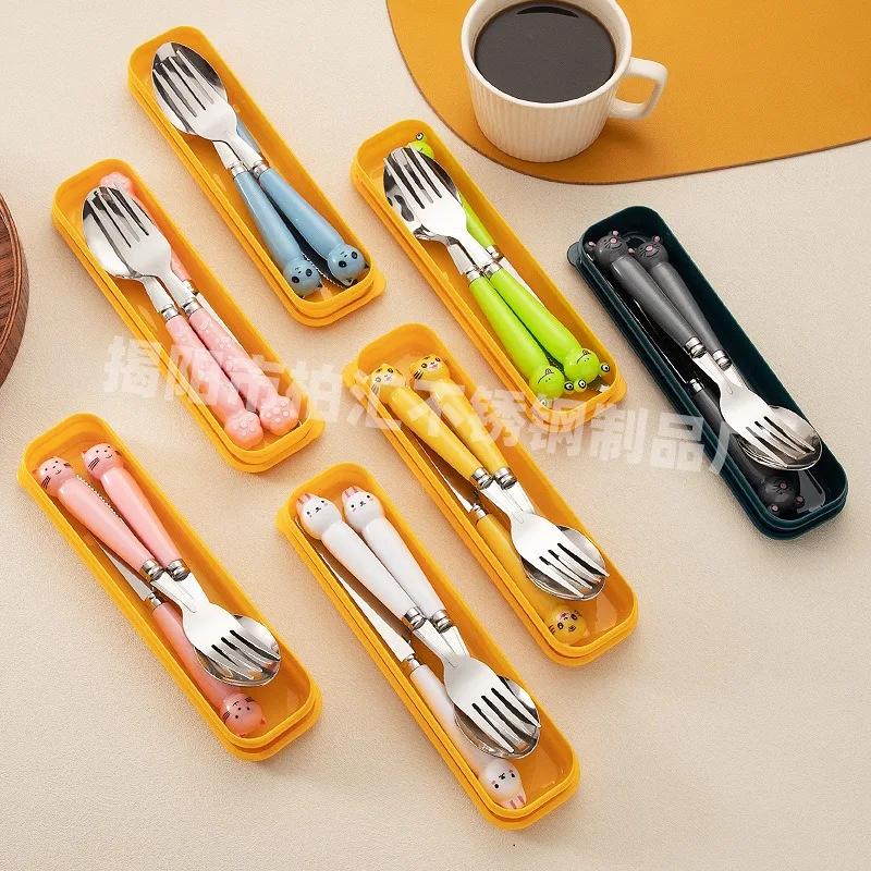 Creative Cartoon Stainless Steel Fork Spoon Chopsticks Three Piece Set Cute Student Spoon Chopsticks Portable Tableware Set For