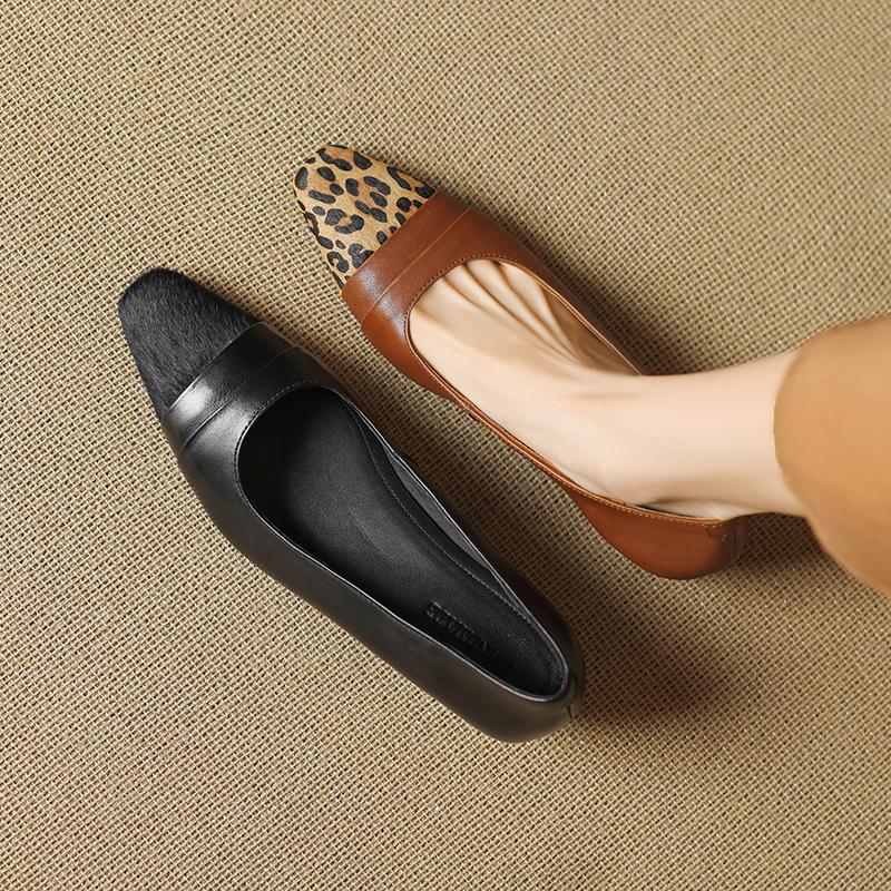 Fashion 2025 New Spring Women Pumps Square Toe Chunky Heel Genuine Leather Women Shoes Shallow Ladies Leopard Ladies Shoes