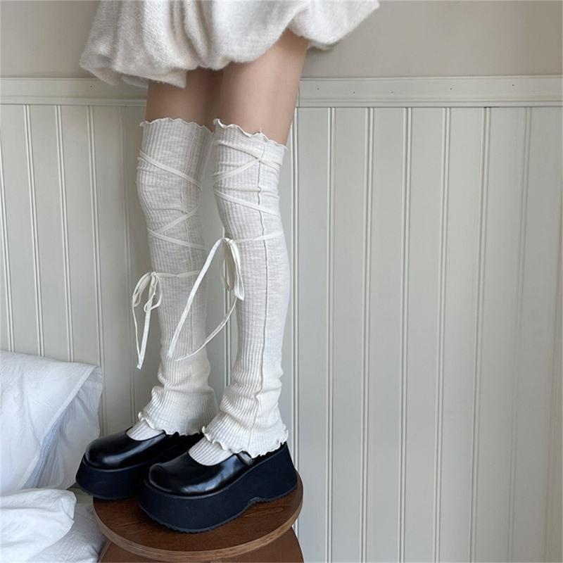Japanese Ribbed Thigh High Leg Warmers Lace Up Bandages Over Knee Flared Leg Covers Ruffle Trim Footless Socks for Women