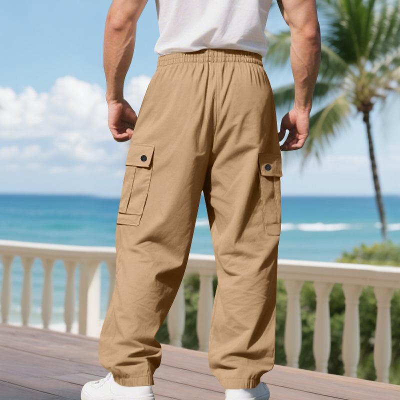 Men Winter Spring Cargo Pants with Multi Pockets Elastic Waist Straight Loose Street Style Sport Trousers