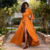 Women's V Neck Long Sleeve Maxi Dress Fitted Mid Waist Solid High Slit Ruffle Cuff Elegant Evening Shirt Dress