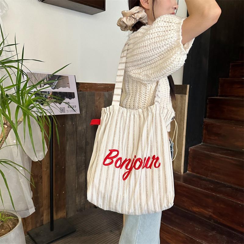 2 striped letter embroidered shoulder tote bag drawstring large capacity canvas bag commuter shopping bag