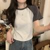 Niche retro T-shirt women's splicing contrasting short top summer shoulder sleeves American sweet and spicy small short sleeves