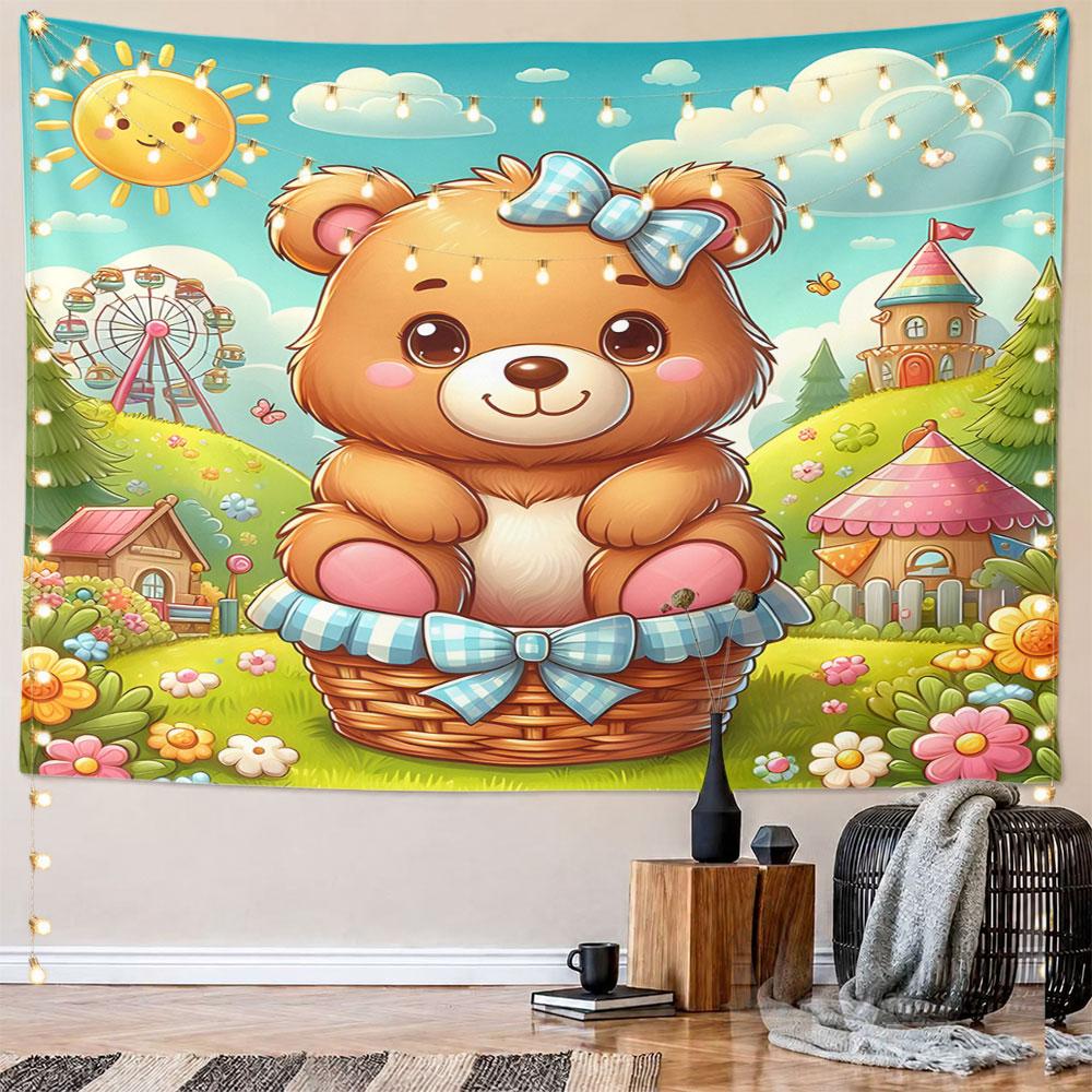Cute Teddy Bear in Basket Illustration Pattern Wall Hanging Tapestry Decorative Tapestry Home Decor for Bedroom and Living Room