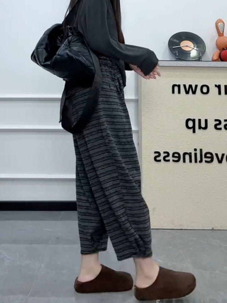 Plus Size Striped Harem Pants with Velvet - Autumn/Winter, Slimming Cropped Fit for Women