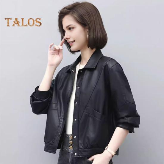 Women Jacket Faux Leather Smooth Surface Turn-down Collar Single-breasted Long Sleeves Pockets Retro Motorcycle Coat Office Commuting Travel Outerwear