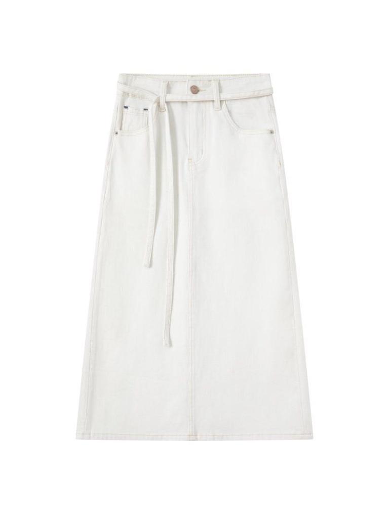 Hong Kong Style Tencel Stretch Back-Slit Denim Midi Skirt - High-Waisted, Tie-Up, Slimming & Versatile for Women (Spring 2026)