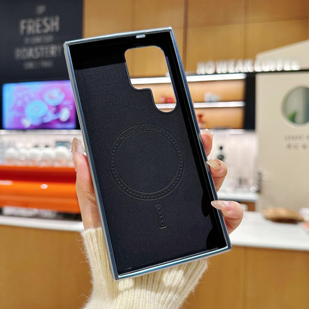 Samsung S25 Ultra Electroplated Leather Pattern Magnetic Suction Phone Case Samsung S24 Ultra Anti Fall and Anti Slip Skin Feeling Shell