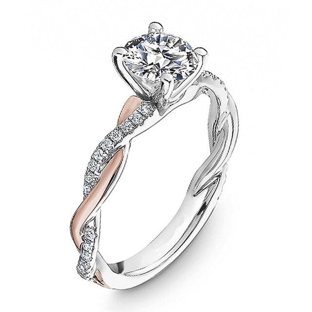 Delicate Two Tone Twist Women Rings Classic 4 Claw Design Shiny CZ Female Wedding Engagement Rings Romantic Girl Gift New