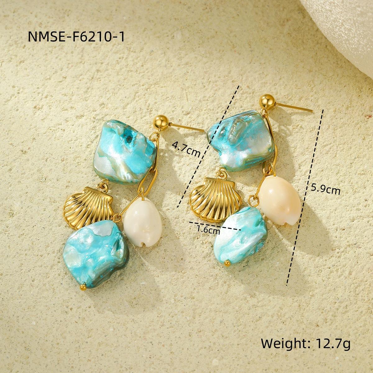 GEMCHIC Women s Blue Shell Conch Tassel Titanium Steel Earrings, Beach Style, Non-Fading, European American Trendy Fashion Jewelry