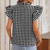 Women's Summer Fashion V-neck Checkered Short Sleeved Ruffled Sweet And Cute Top