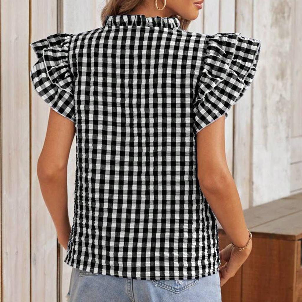 Women's Summer Fashion V-neck Checkered Short Sleeved Ruffled Sweet And Cute Top