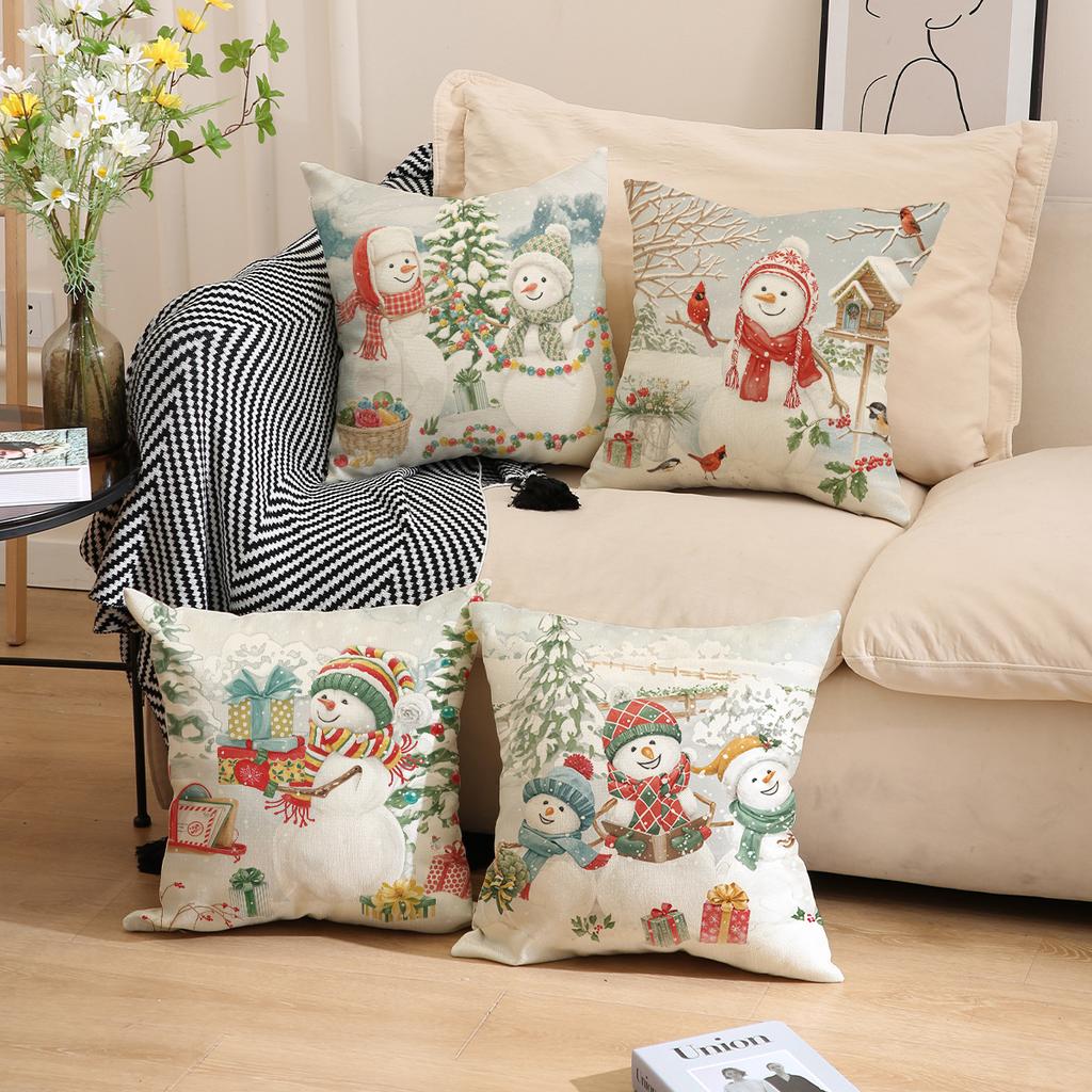 Home Decoration Linen Cushion Cover Christmas Snowman Cartoon Print Pillow Car Cushion