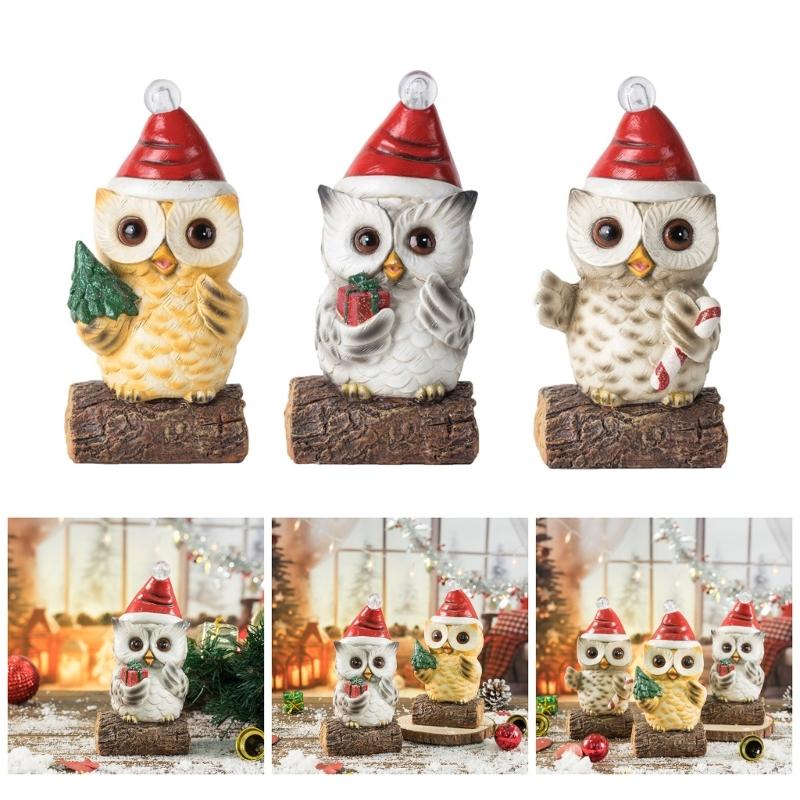 Owl Statue with LED Lighted Santa Hat for Festival Home Accent Resins Miniature Figurine Christmas Decorative Ornament