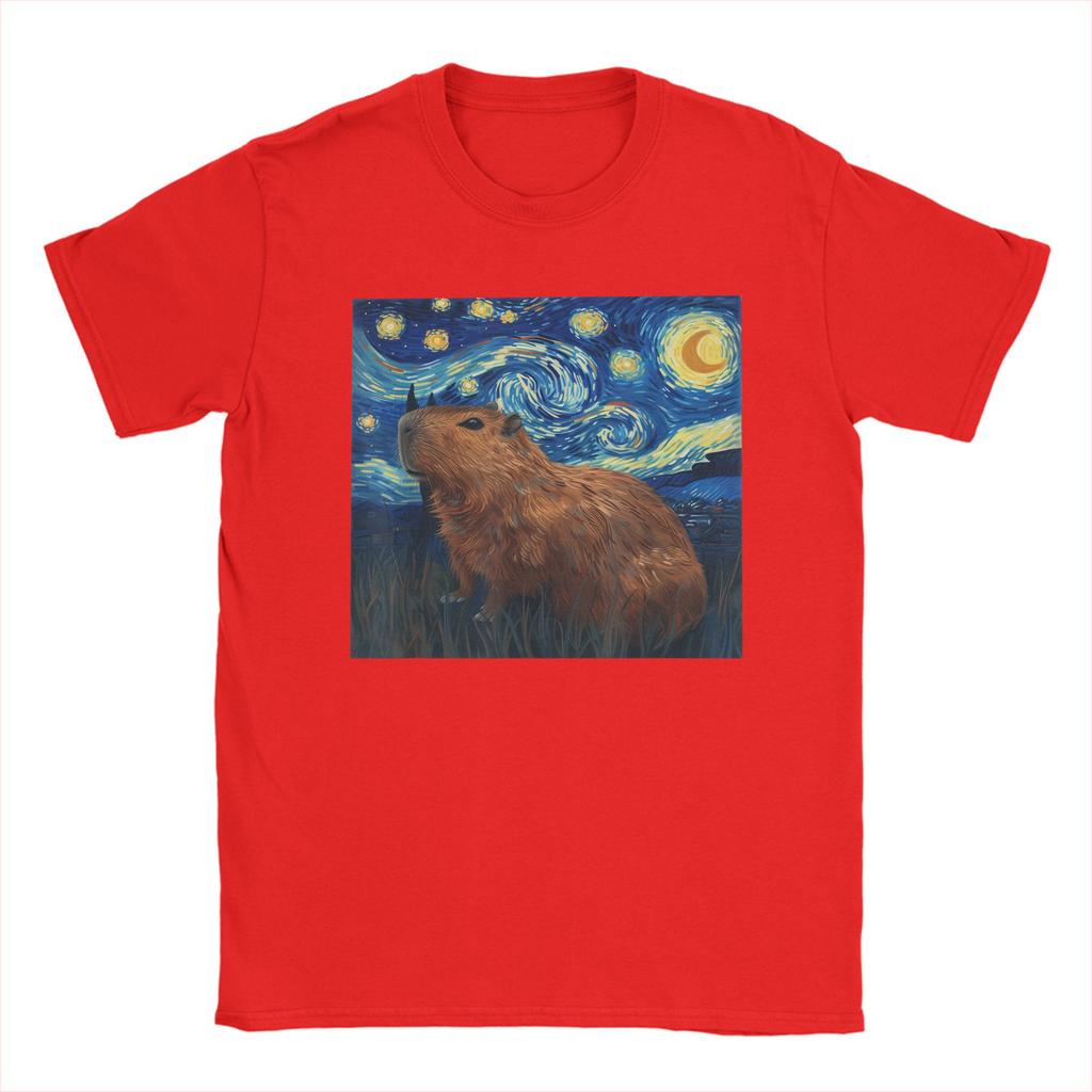 Fashion Capybara Van Gogh Style Starry Night T-Shirts Men Crew Neck 100% Cotton T Shirt  Short Sleeve Tee Shirt Summer Tops