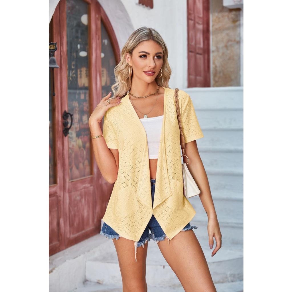 GMXIA Spring Summer Women's Solid Color Hole Short Sleeve Loose Casual Pocket Cardigan