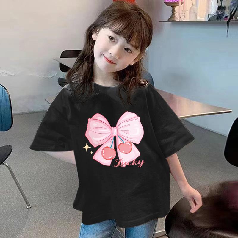 Girls Short Sleeve Tshirt Bow Print Summer Fashion HalfSleeved Top Polyester Fabric