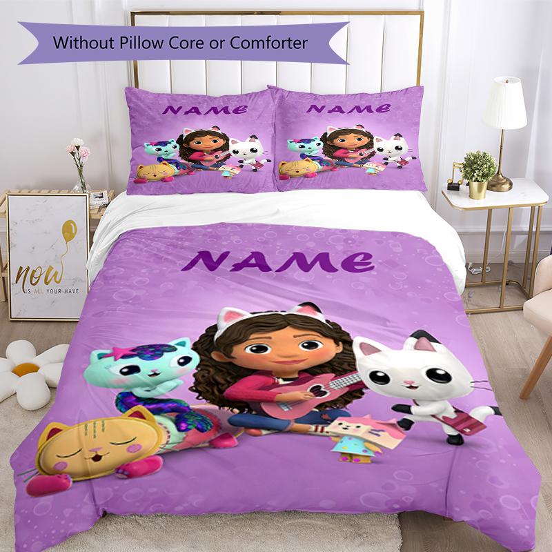 3pcs Custom Name Gabby's Dollhouse Bedding Set Duvet Cover Closure Includes 1 Duvet Cover & 2 Pillowcases, Soft and Comfortable for All Seasons.