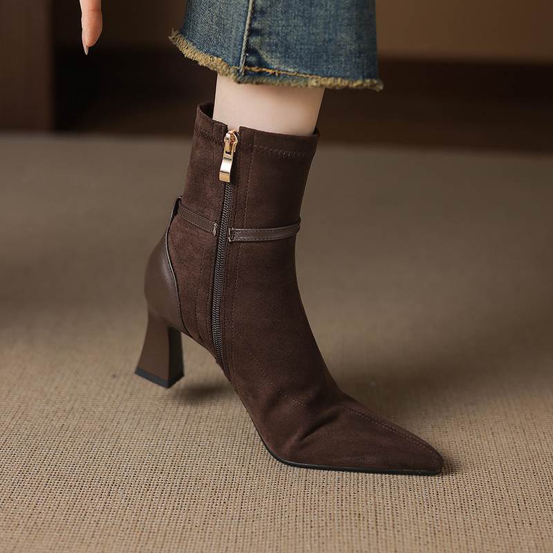 Krazing Pot Flock Pointed Toe Thin High Heels Modern Boots Size 42 Zip Plus Size Crystal Buckle Women Elastic Ankle Boots
