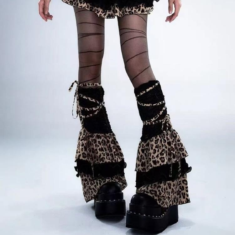 Harajuku Punk Tiered Ruffle Leg Wrap Cover with Ties Bandages Stretch Flared Leg Warmers Footless Long Socks for Women