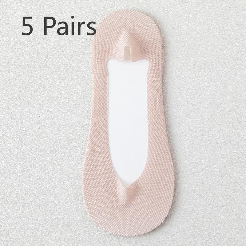5 Pairs of Women's Cotton Summer Thin Mesh Breathable Sweat Absorbent Non Slip with Invisible Socks