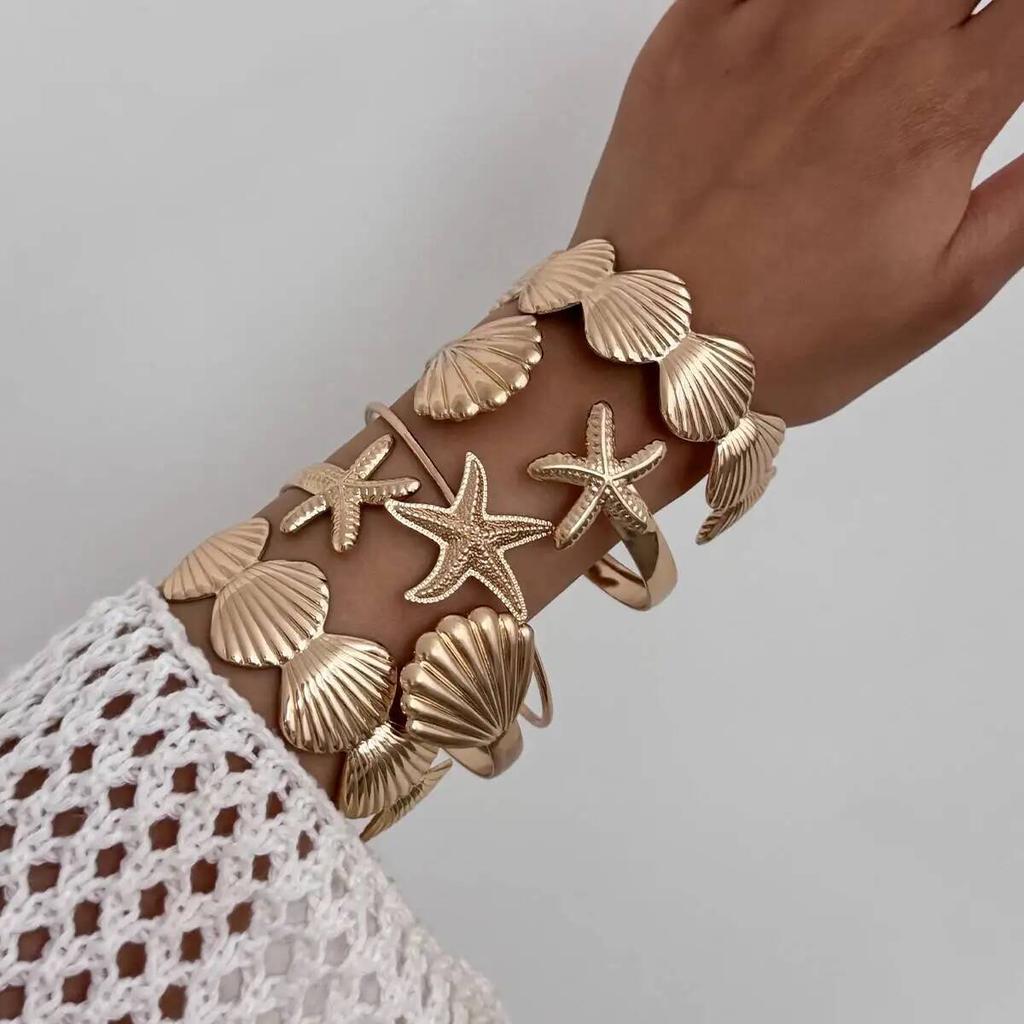 IngeSight.Z 12Pcs/Set Exaggerated HipHop Starfish Scallop Open Cuff Bangle Ring Women Irregular Bracelet Beach Party Jewelry Set