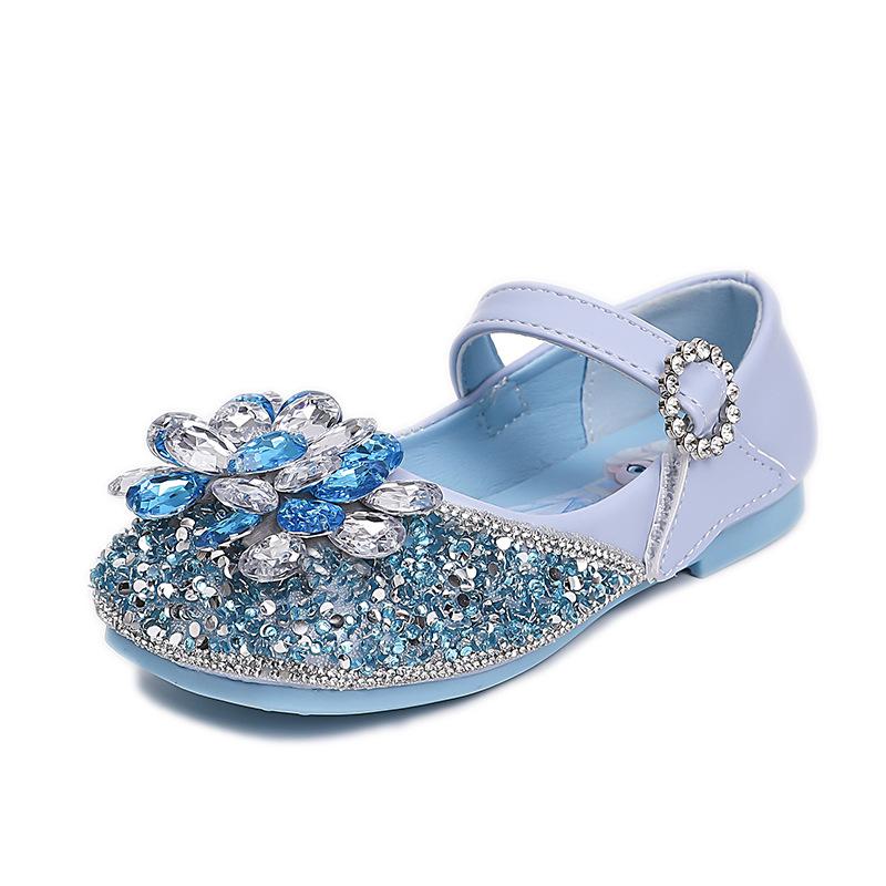 

Туфли принцессы для девочек, детские маленькие кожаные туфли, туфли Эльзы, весенне-осенние новые туфли для девочек, туфли на мягкой подошве, нарядные туфли 25Inner Length16.0cm синий