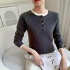 Women's Color Block Cashmere Sweater - Round Neck, Buttoned, Loose Fit, Long Sleeve, Autumn/Winter Collection