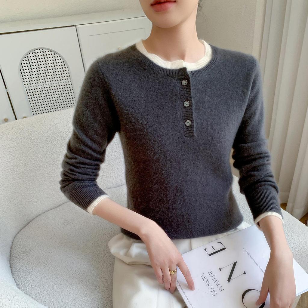 Women's Color Block Cashmere Sweater - Round Neck, Buttoned, Loose Fit, Long Sleeve, Autumn/Winter Collection